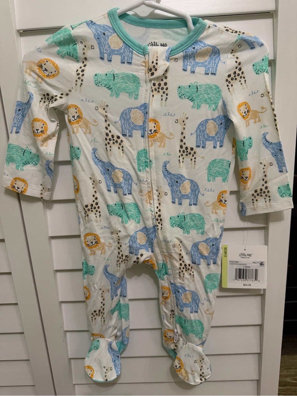 Little Me Cream Footed One-Piece with Blue, Green and Yellow Safari Animals